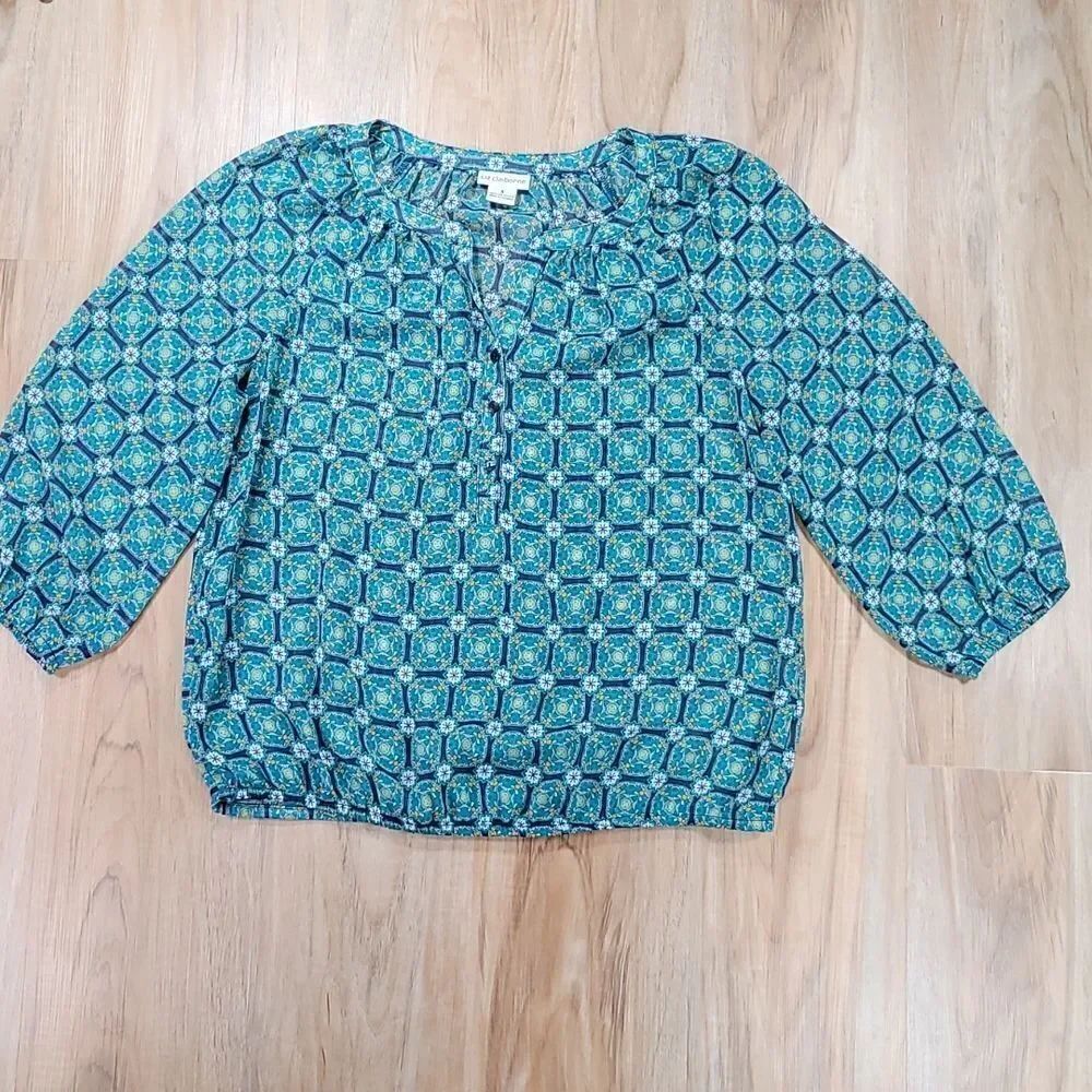 🔸️Liz Claiborne Green Print Popover 3/4 Sleeve Boho Blouse Small